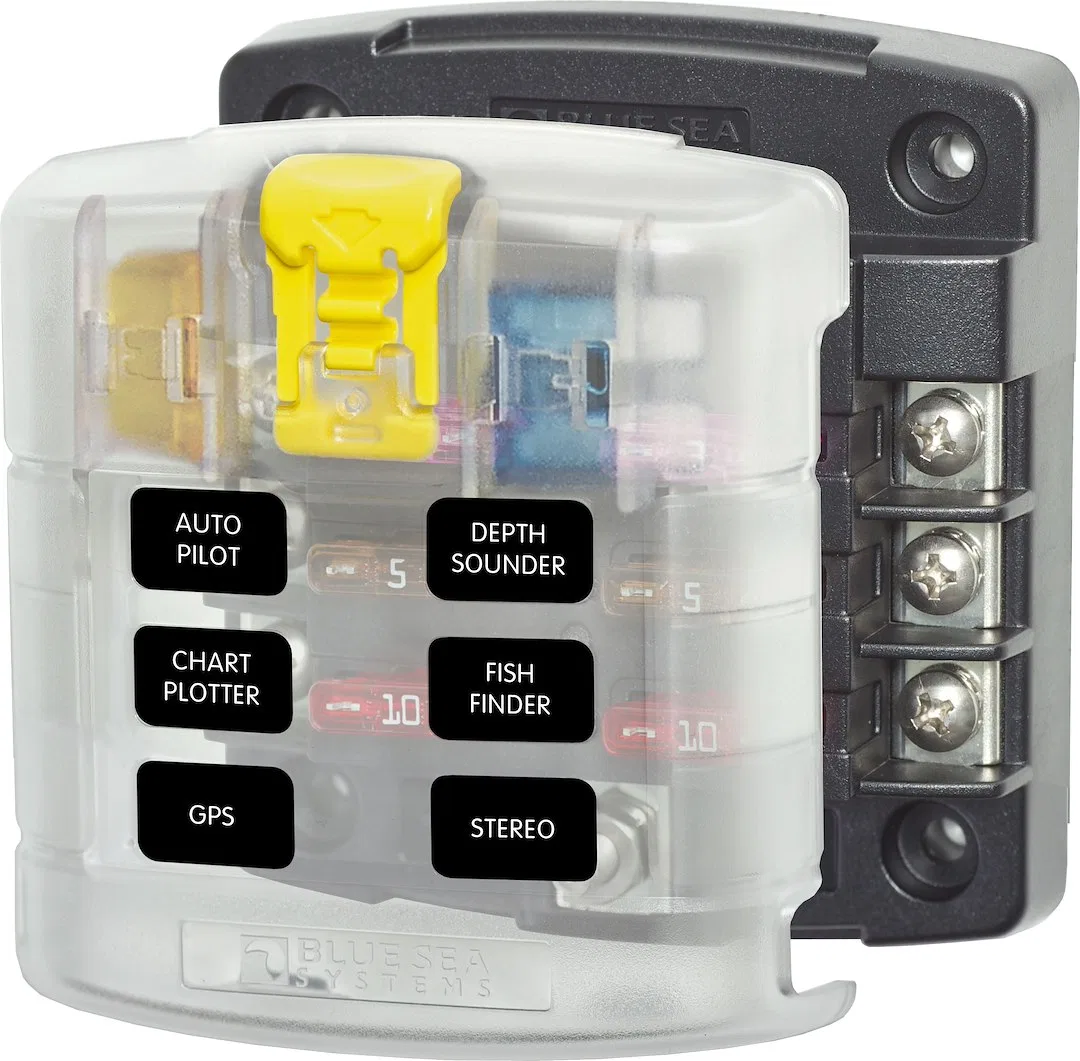 5028-BSS – BLUE SEA Fuse Block, 32 Volt DC 100 Amp Per Block/ 30 Amp Per Circuit 2.64 Inch Mounting Centers Uses ATO/...